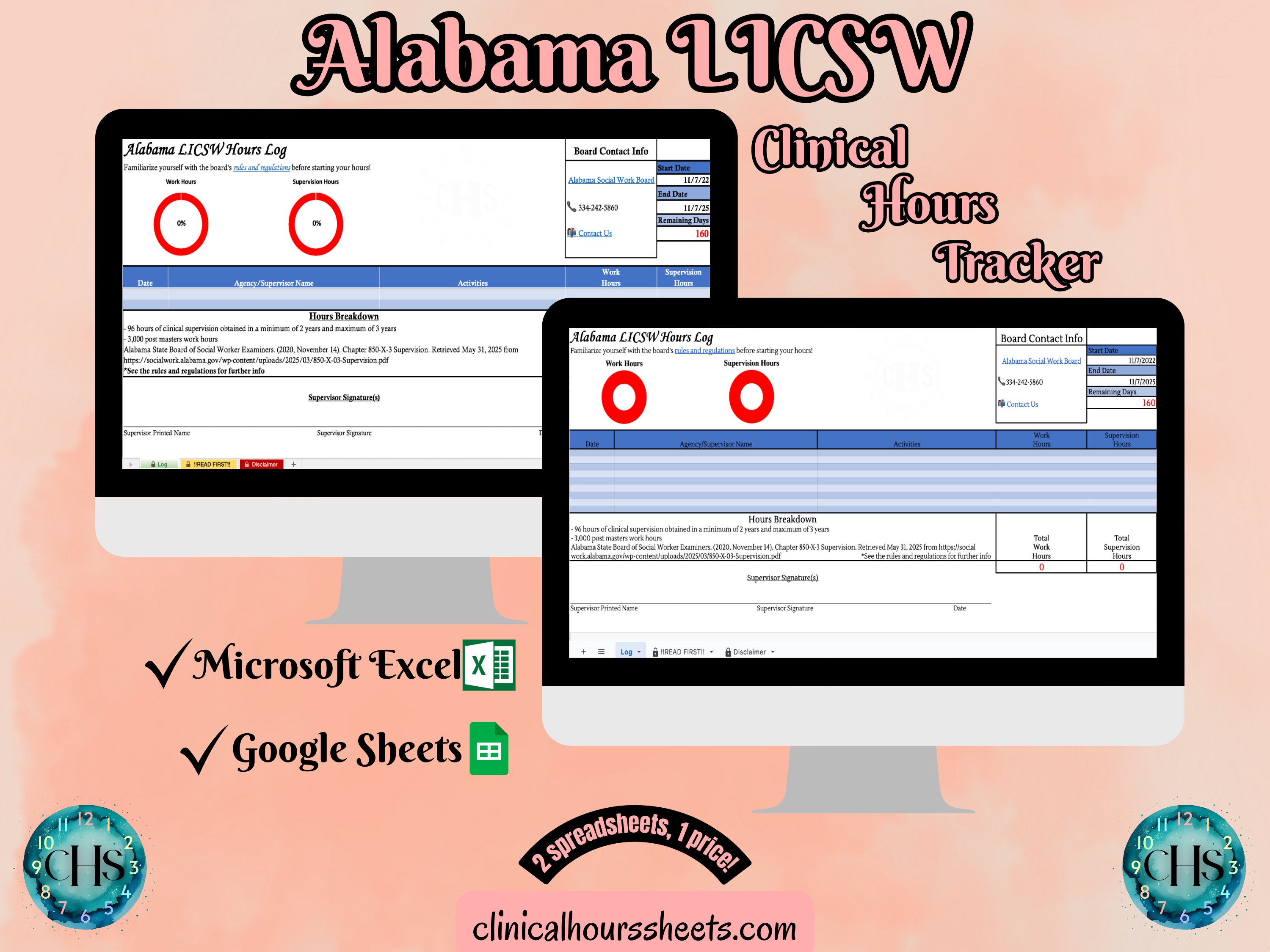 The image is a promotional graphic for a Alabama LICSW Clinical Hours Tracker, which is a software program used to track the hours worked by healthcare professionals. The graphic features a laptop displaying the Alabama LICSW Hours Log, along with a Microsoft Excel and a Google Sheets spreadsheet. The text on the image includes the words "Alabama LICSW", "Clinical Hours Tracker", "Microsoft Excel" and "Google Sheets" to describe the software and its purpose.