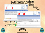The image is a promotional graphic for a Alabama LMFT Clinical Hours Log, which is a software program used to track the hours worked by healthcare professionals. The graphic features a laptop displaying the Alabama LMFT Hours Log, along with a Microsoft Excel and a Google Sheets spreadsheet. The text on the image includes the words "Alabama LMFT", "Clinical Hours Log", "Microsoft Excel" and "Google Sheets" to describe the software and its purpose.