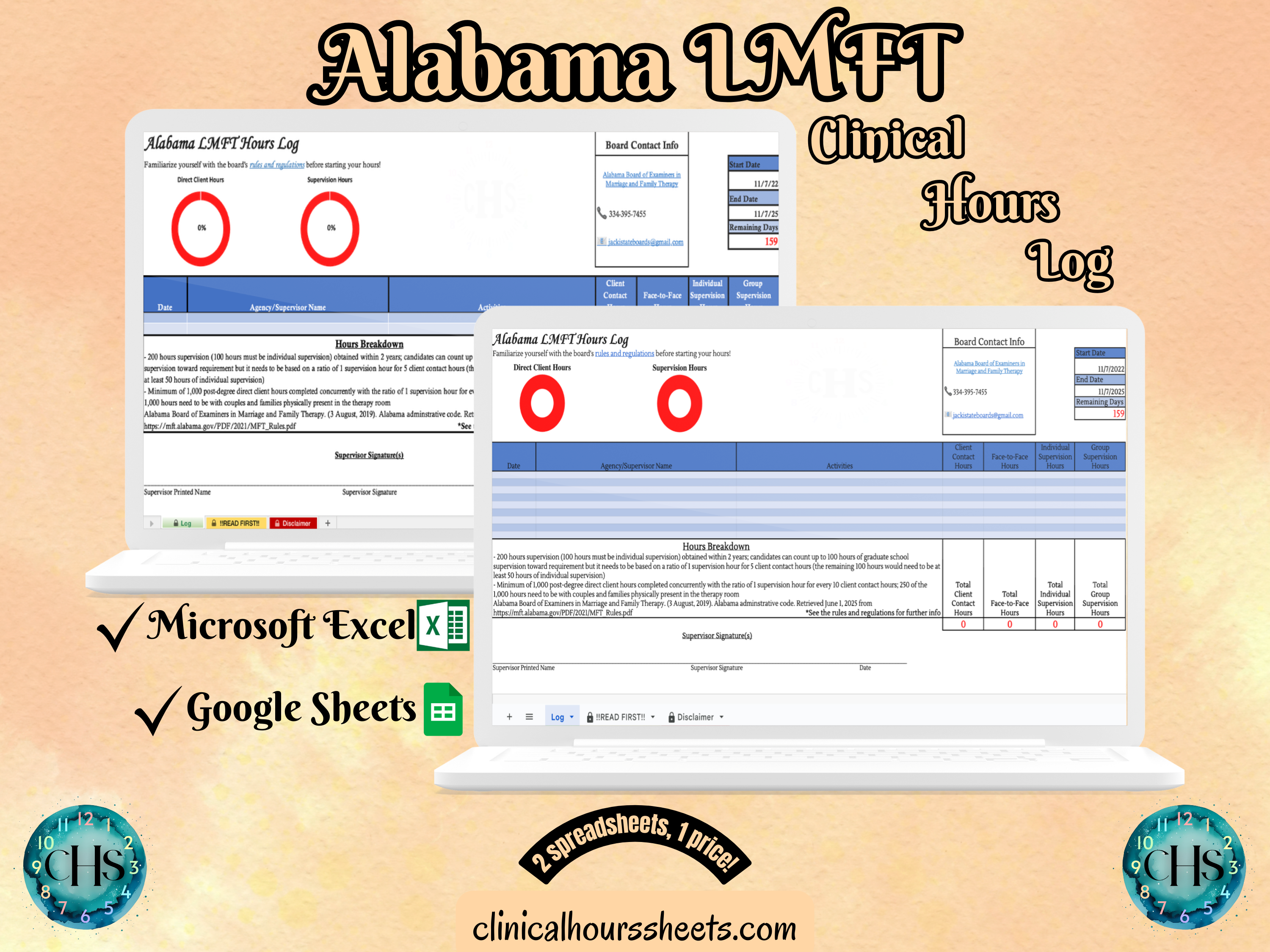 The image is a promotional graphic for a Alabama LMFT Clinical Hours Log, which is a software program used to track the hours worked by healthcare professionals. The graphic features a laptop displaying the Alabama LMFT Hours Log, along with a Microsoft Excel and a Google Sheets spreadsheet. The text on the image includes the words "Alabama LMFT", "Clinical Hours Log", "Microsoft Excel" and "Google Sheets" to describe the software and its purpose.