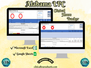 The image is a promotional graphic for a Alabama LPC Clinical Hours Tracker, which is a software program used to track the hours worked by healthcare professionals. The graphic features a laptop displaying the Alabama LPC Hours Log, along with a Microsoft Excel and a Google Sheets spreadsheet. The text on the image includes the words "Alabama LPC", "Clinical Hours Tracker", "Microsoft Excel" and "Google Sheets" to describe the software and its purpose.