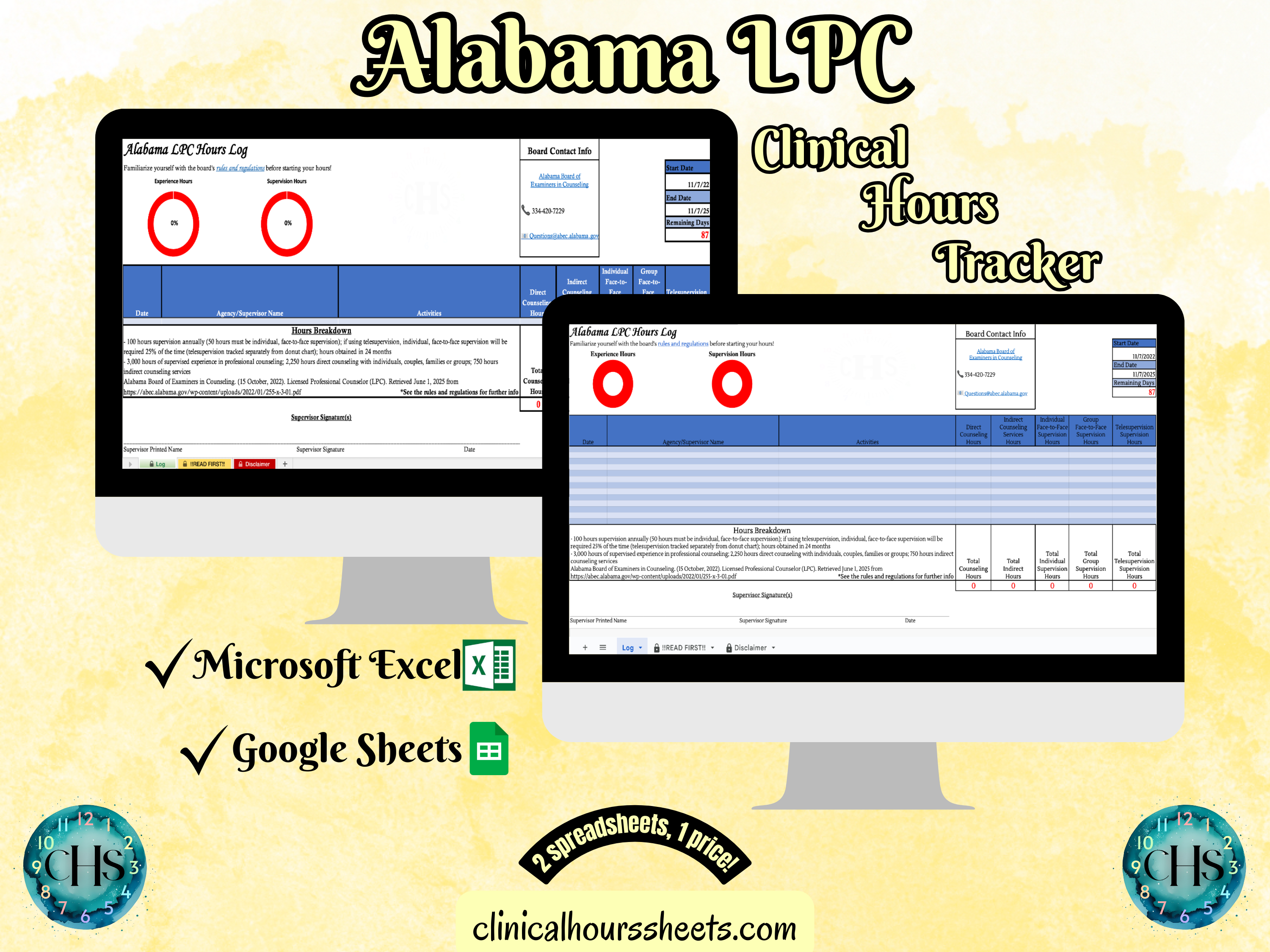 The image is a promotional graphic for a Alabama LPC Clinical Hours Tracker, which is a software program used to track the hours worked by healthcare professionals. The graphic features a laptop displaying the Alabama LPC Hours Log, along with a Microsoft Excel and a Google Sheets spreadsheet. The text on the image includes the words "Alabama LPC", "Clinical Hours Tracker", "Microsoft Excel" and "Google Sheets" to describe the software and its purpose.