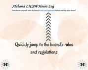 Alabama LICSW spreadsheet picture showing social work board rules and regulations link.