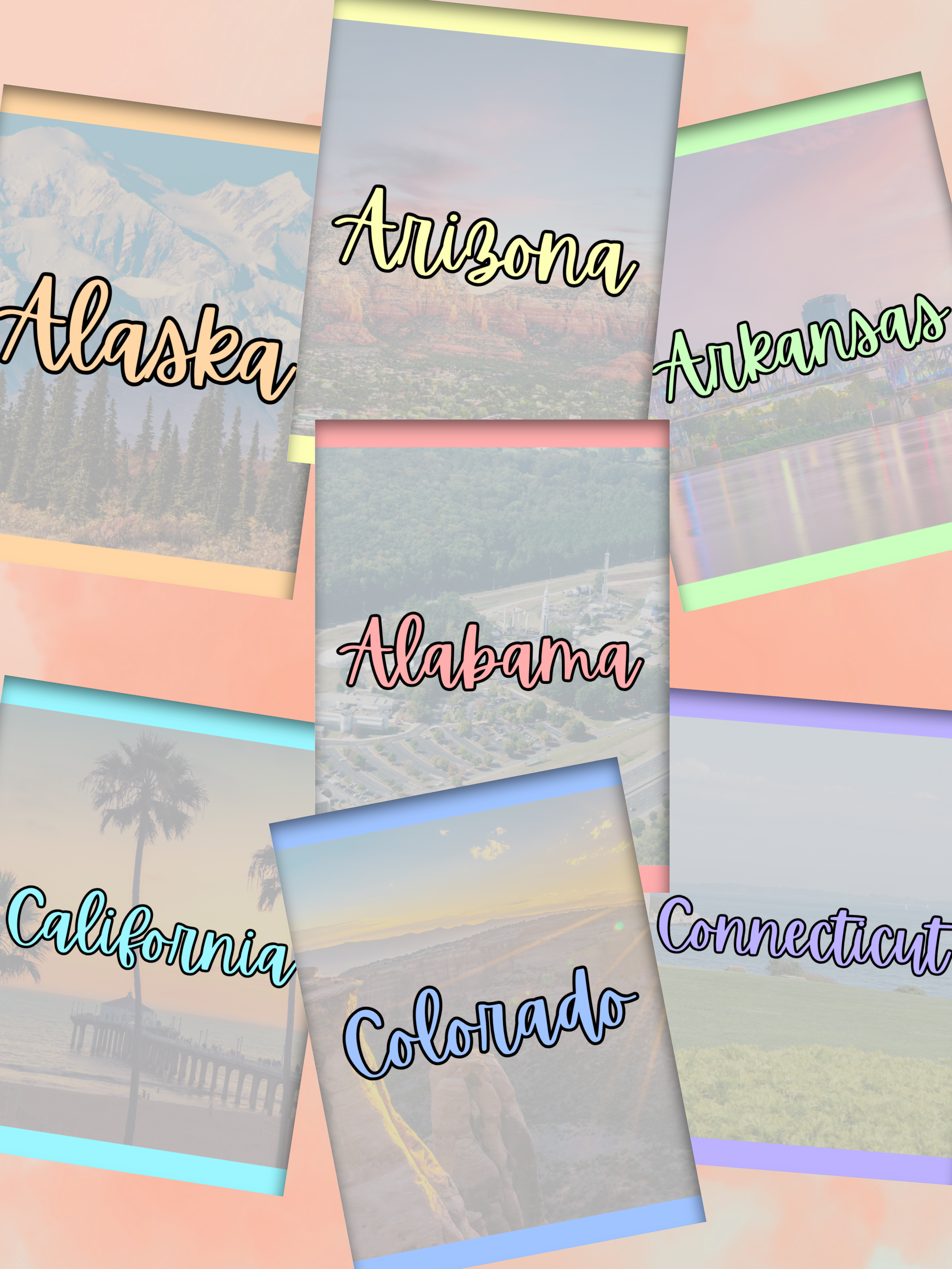Graphics for Alabama, Alaska, Arizona, Arkansas, California, Colorado, and Connecticut clinical hours logs.