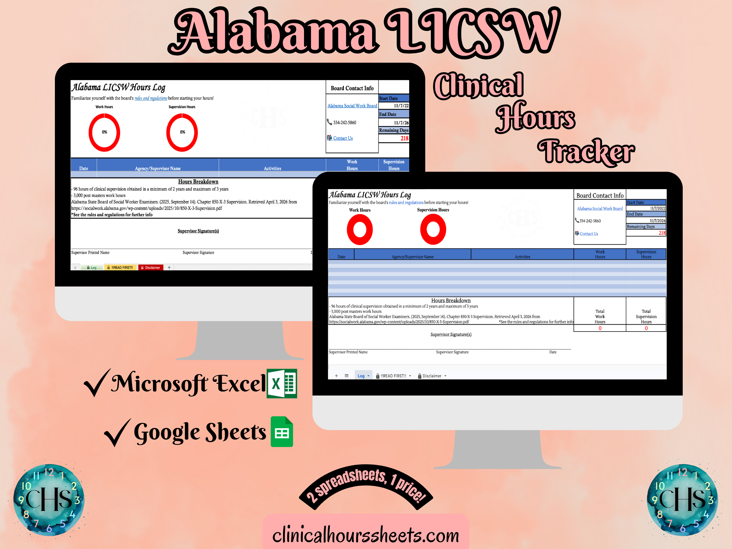 Alabama LICSW, Clinical Hours Tracker, Supervision Log for Master Social Worker - MSW Student or MSW Graduation Gift