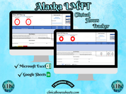 The image is a promotional graphic for a Alaska LMFT Clinical Hours Tracker, which is a software program used to track the hours worked by healthcare professionals. The graphic features a laptop displaying the Alaska LMFT Hours Log, along with a Microsoft Excel and a Google Sheets spreadsheet. The text on the image includes the words "Alaska LMFT", "Clinical Hours Tracker", "Microsoft Excel" and "Google Sheets" to describe the software and its purpose.