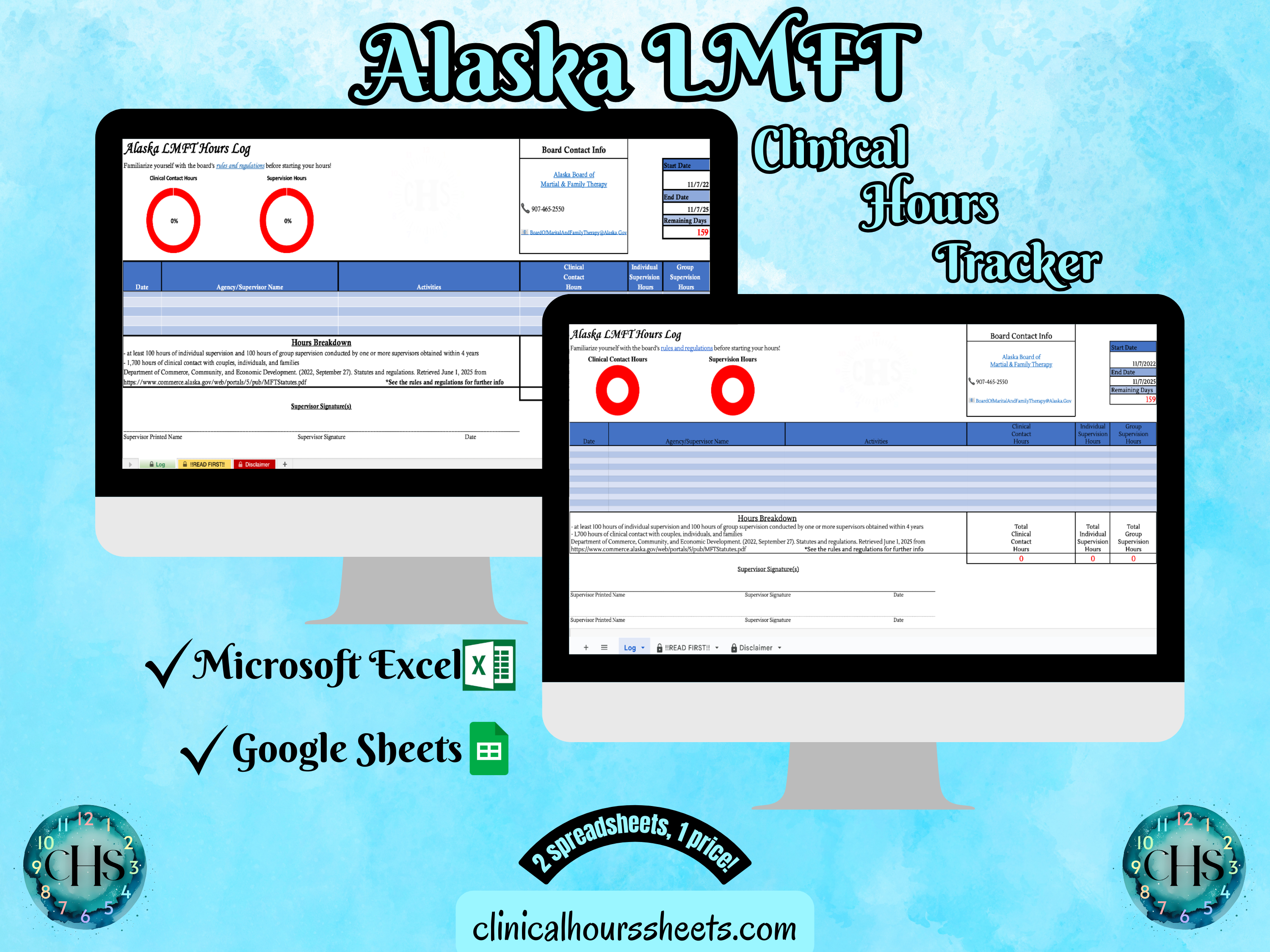 The image is a promotional graphic for a Alaska LMFT Clinical Hours Tracker, which is a software program used to track the hours worked by healthcare professionals. The graphic features a laptop displaying the Alaska LMFT Hours Log, along with a Microsoft Excel and a Google Sheets spreadsheet. The text on the image includes the words "Alaska LMFT", "Clinical Hours Tracker", "Microsoft Excel" and "Google Sheets" to describe the software and its purpose.