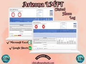 The image is a promotional graphic for a Arizona LMFT Clinical Hours Log, which is a software program used to track the hours worked by healthcare professionals. The graphic features a laptop displaying the Arizona LMFT Hours Log, along with a Microsoft Excel and a Google Sheets spreadsheet. The text on the image includes the words "Arizona LMFT", "Clinical Hours Log", "Microsoft Excel" and "Google Sheets" to describe the software and its purpose.