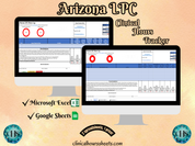 The image is a promotional graphic for a Arizona LPC Clinical Hours Tracker, which is a software program used to track the hours worked by healthcare professionals. The graphic features a laptop displaying the Arizona LPC Hours Log, along with a Microsoft Excel and a Google Sheets spreadsheet. The text on the image includes the words "Arizona LPC", "Clinical Hours Tracker", "Microsoft Excel" and "Google Sheets" to describe the software and its purpose.