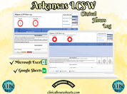The image is a promotional graphic for a Arkansas LCSW Clinical Hours Log, which is a software program used to track the hours worked by healthcare professionals. The graphic features a laptop displaying the Arkansas LCSW Hours Log, along with a Microsoft Excel and a Google Sheets spreadsheet. The text on the image includes the words "Arkansas LCSW", "Clinical Hours Log", "Microsoft Excel" and "Google Sheets" to describe the software and its purpose.