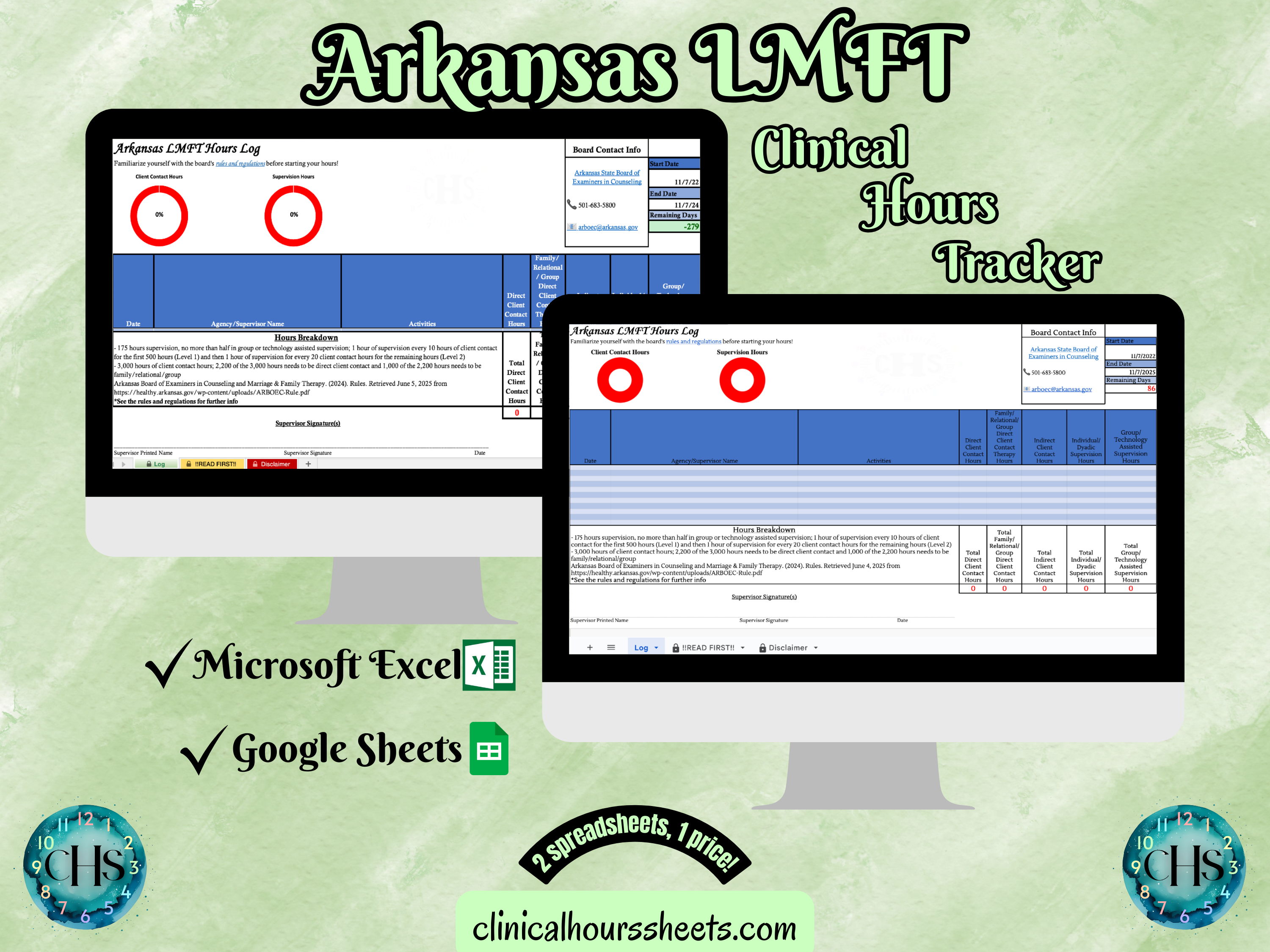 The image is a promotional graphic for a Arkansas LMFT Clinical Hours Tracker, which is a software program used to track the hours worked by healthcare professionals. The graphic features a laptop displaying the Arkansas LMFT Hours Log, along with a Microsoft Excel and a Google Sheets spreadsheet. The text on the image includes the words "Arkansas LMFT", "Clinical Hours Tracker", "Microsoft Excel" and "Google Sheets" to describe the software and its purpose.