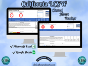 The image is a promotional graphic for a California LCSW Clinical Hours Tracker, which is a software program used to track the hours worked by healthcare professionals. The graphic features a laptop displaying the California LCSW Hours Log, along with a Microsoft Excel and a Google Sheets spreadsheet. The text on the image includes the words "California LCSW", "Clinical Hours Tracker", "Microsoft Excel" and "Google Sheets" to describe the software and its purpose.