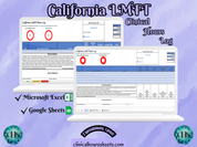 The image is a promotional graphic for a California LMFT Clinical Hours Log, which is a software program used to track the hours worked by healthcare professionals. The graphic features a laptop displaying the California LMFT Hours Log, along with a Microsoft Excel and a Google Sheets spreadsheet. The text on the image includes the words "California LMFT", "Clinical Hours Log", "Microsoft Excel" and "Google Sheets" to describe the software and its purpose.