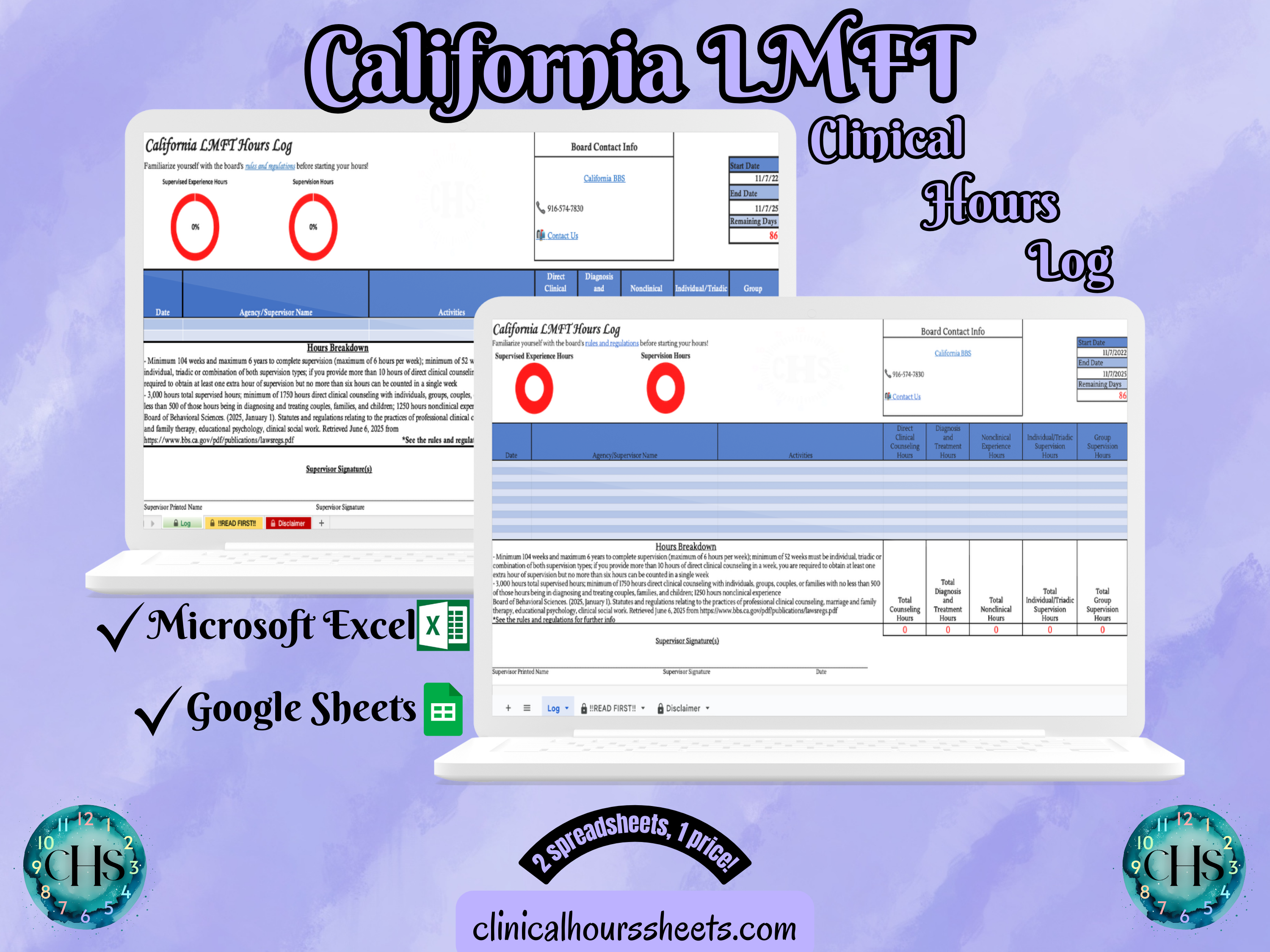 The image is a promotional graphic for a California LMFT Clinical Hours Log, which is a software program used to track the hours worked by healthcare professionals. The graphic features a laptop displaying the California LMFT Hours Log, along with a Microsoft Excel and a Google Sheets spreadsheet. The text on the image includes the words "California LMFT", "Clinical Hours Log", "Microsoft Excel" and "Google Sheets" to describe the software and its purpose.
