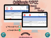 The image is a promotional graphic for a California LPCC Clinical Hours Tracker, which is a software program used to track the hours worked by healthcare professionals. The graphic features a laptop displaying the California LPCC Hours Log, along with a Microsoft Excel and a Google Sheets spreadsheet. The text on the image includes the words "California LPCC", "Clinical Hours Tracker", "Microsoft Excel" and "Google Sheets" to describe the software and its purpose.