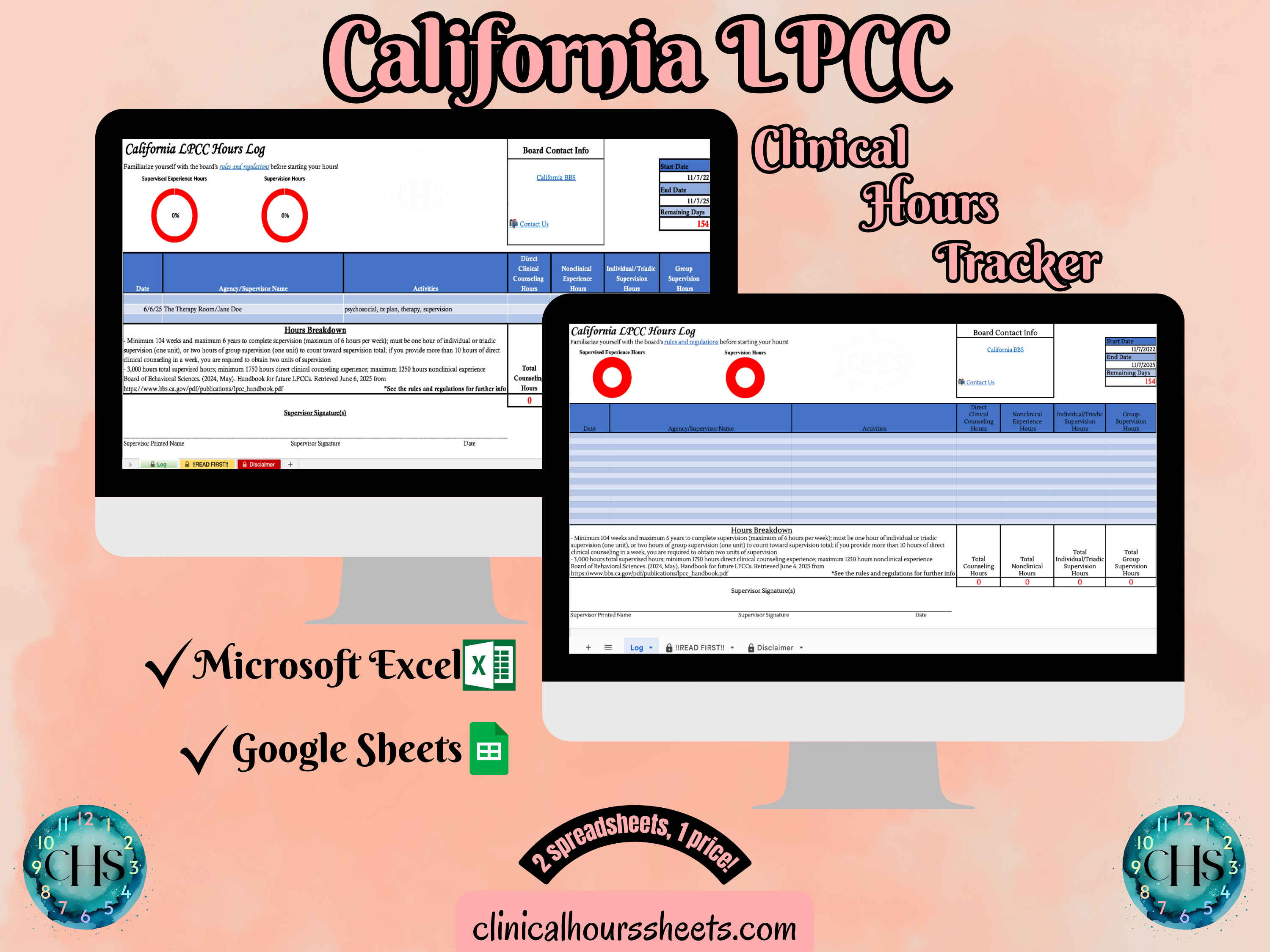 The image is a promotional graphic for a California LPCC Clinical Hours Tracker, which is a software program used to track the hours worked by healthcare professionals. The graphic features a laptop displaying the California LPCC Hours Log, along with a Microsoft Excel and a Google Sheets spreadsheet. The text on the image includes the words "California LPCC", "Clinical Hours Tracker", "Microsoft Excel" and "Google Sheets" to describe the software and its purpose.