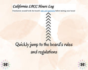 California LPCC hours log picture showing the counseling board rules and regulations link.