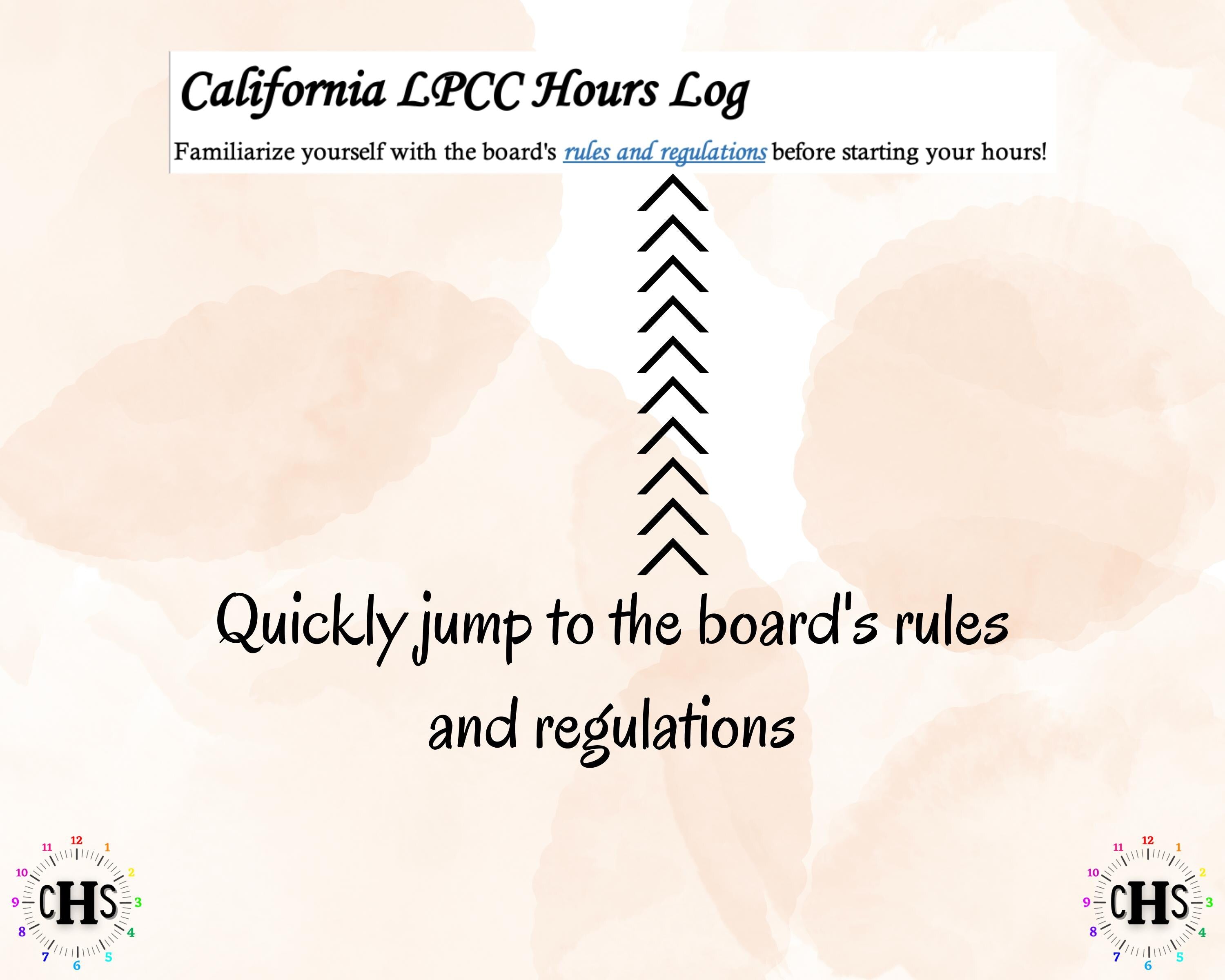 California LPCC hours log picture showing the counseling board rules and regulations link.
