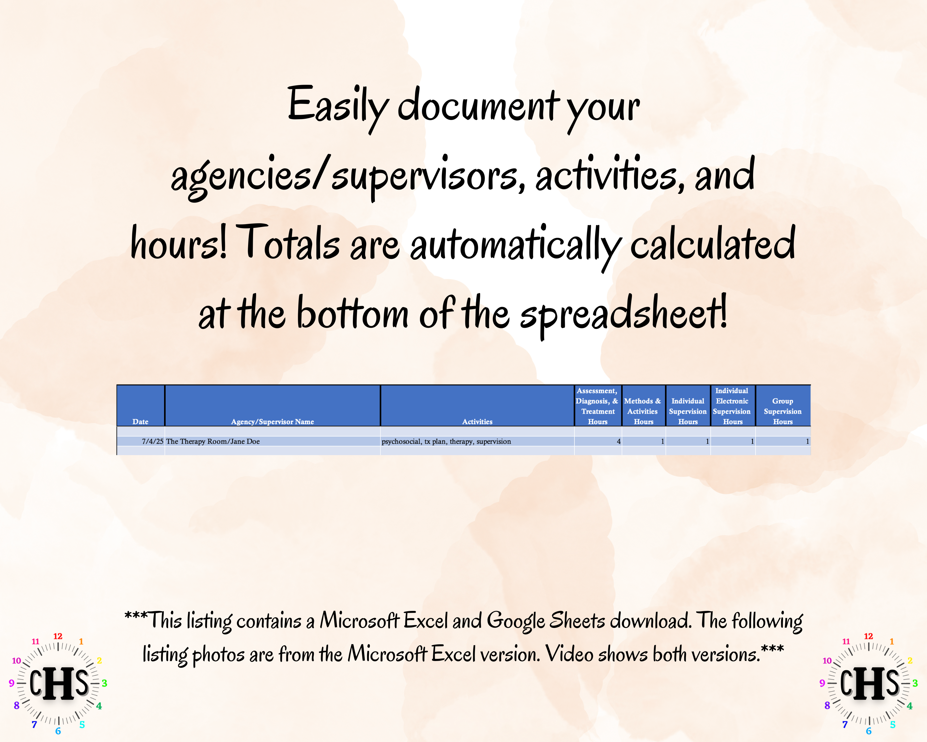 Spreadsheet columns with text about documenting date, agencies, supervisors, activities, and hours.