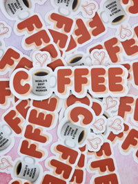 Several World's Best Social Worker Coffee Addict stickers displayed