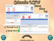 The image is a promotional graphic for a Colorado LCSW Clinical Hours Log, which is a software program used to track the hours worked by healthcare professionals. The graphic features a laptop displaying the Colorado LCSW Hours Log, along with a Microsoft Excel and a Google Sheets spreadsheet. The text on the image includes the words "Colorado LCSW", "Clinical Hours Log", "Microsoft Excel" and "Google Sheets" to describe the software and its purpose.