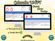 The image is a promotional graphic for a Colorado LMFT Clinical Hours Tracker, which is a software program used to track the hours worked by healthcare professionals. The graphic features a laptop displaying the Colorado LMFT Hours Log, along with a Microsoft Excel and a Google Sheets spreadsheet. The text on the image includes the words "Colorado LMFT", "Clinical Hours Tracker", "Microsoft Excel" and "Google Sheets" to describe the software and its purpose.
