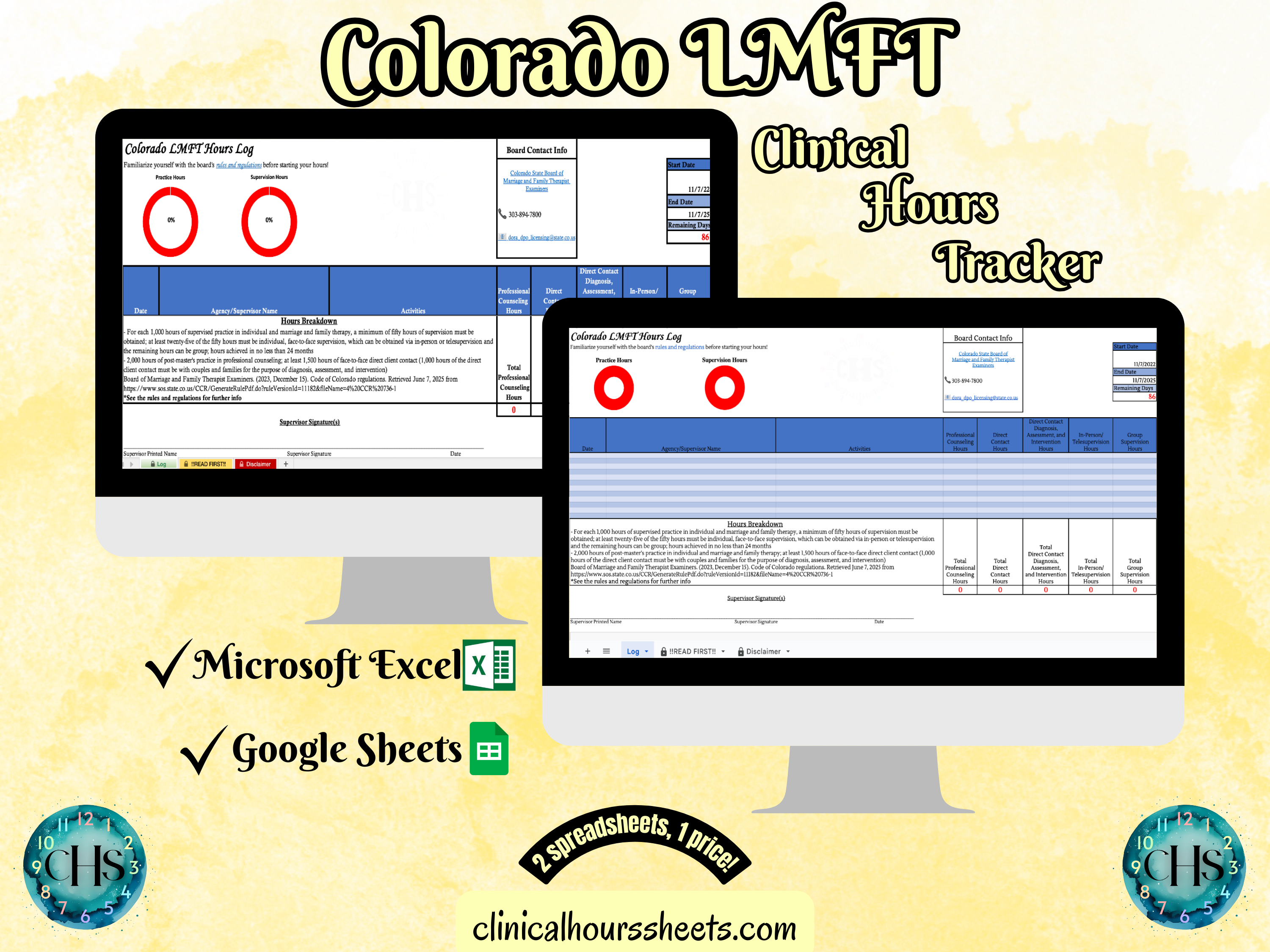 The image is a promotional graphic for a Colorado LMFT Clinical Hours Tracker, which is a software program used to track the hours worked by healthcare professionals. The graphic features a laptop displaying the Colorado LMFT Hours Log, along with a Microsoft Excel and a Google Sheets spreadsheet. The text on the image includes the words "Colorado LMFT", "Clinical Hours Tracker", "Microsoft Excel" and "Google Sheets" to describe the software and its purpose.