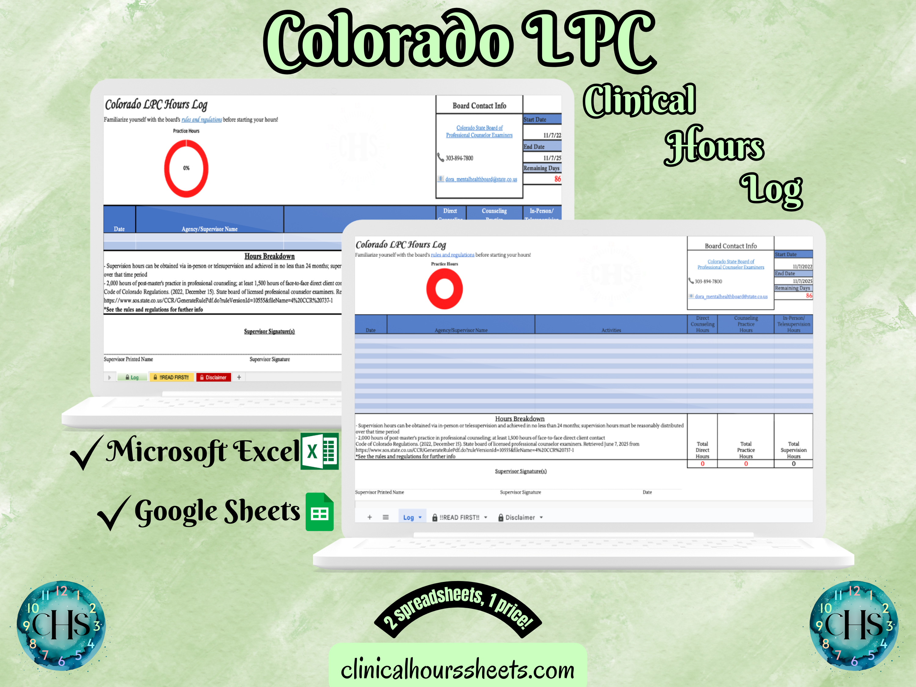 The image is a promotional graphic for a Colorado LPC Clinical Hours Log, which is a software program used to track the hours worked by healthcare professionals. The graphic features a laptop displaying the Colorado LPC Hours Log, along with a Microsoft Excel and a Google Sheets spreadsheet. The text on the image includes the words "Colorado LPC", "Clinical Hours Log", "Microsoft Excel" and "Google Sheets" to describe the software and its purpose.