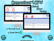 The image is a promotional graphic for a Connecticut LCSW Clinical Hours Tracker, which is a software program used to track the hours worked by healthcare professionals. The graphic features a laptop displaying the Connecticut LCSW Hours Log, along with a Microsoft Excel and a Google Sheets spreadsheet. The text on the image includes the words "Connecticut LCSW", "Clinical Hours Tracker", "Microsoft Excel" and "Google Sheets" to describe the software and its purpose.