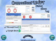 The image is a promotional graphic for a Connecticut LMFT Clinical Hours Log, which is a software program used to track the hours worked by healthcare professionals. The graphic features a laptop displaying the Connecticut LMFT Hours Log, along with a Microsoft Excel and a Google Sheets spreadsheet. The text on the image includes the words "Connecticut LMFT", "Clinical Hours Log", "Microsoft Excel" and "Google Sheets" to describe the software and its purpose.