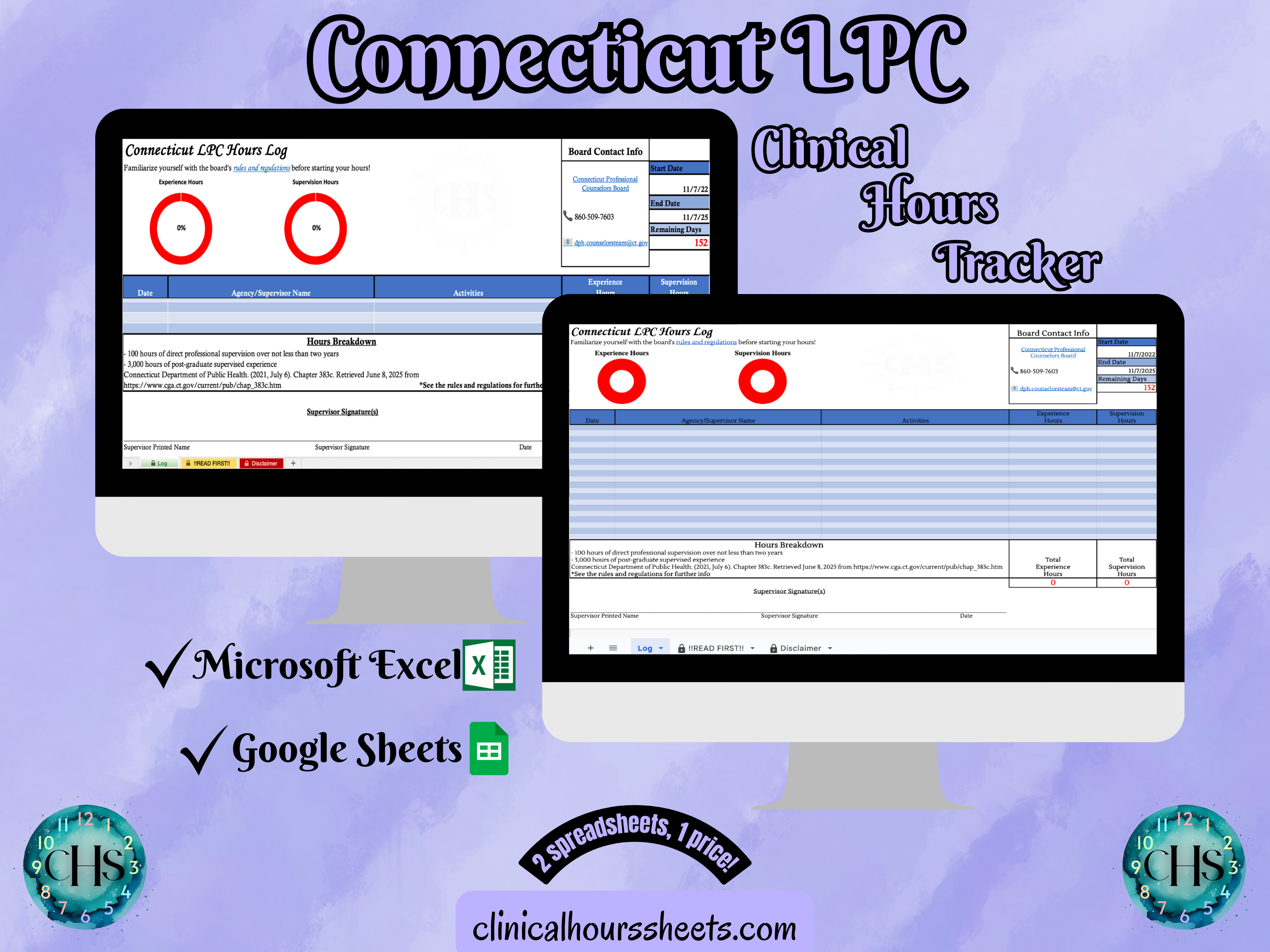 The image is a promotional graphic for a Connecticut LPC Clinical Hours Tracker, which is a software program used to track the hours worked by healthcare professionals. The graphic features a laptop displaying the Connecticut LPC Hours Log, along with a Microsoft Excel and a Google Sheets spreadsheet. The text on the image includes the words "Connecticut LPC", "Clinical Hours Tracker", "Microsoft Excel" and "Google Sheets" to describe the software and its purpose.