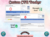 The image is a promotional graphic for a Custom CEU Tracker, which is a software program used to track the hours worked by healthcare professionals. The graphic features a laptop displaying the Custom CEU Tracker, along with a Microsoft Excel and a Google Sheets spreadsheet. The text on the image includes the words "Custom CEU Tracker", "CEU Tracker", "Microsoft Excel" and "Google Sheets" to describe the software and its purpose.