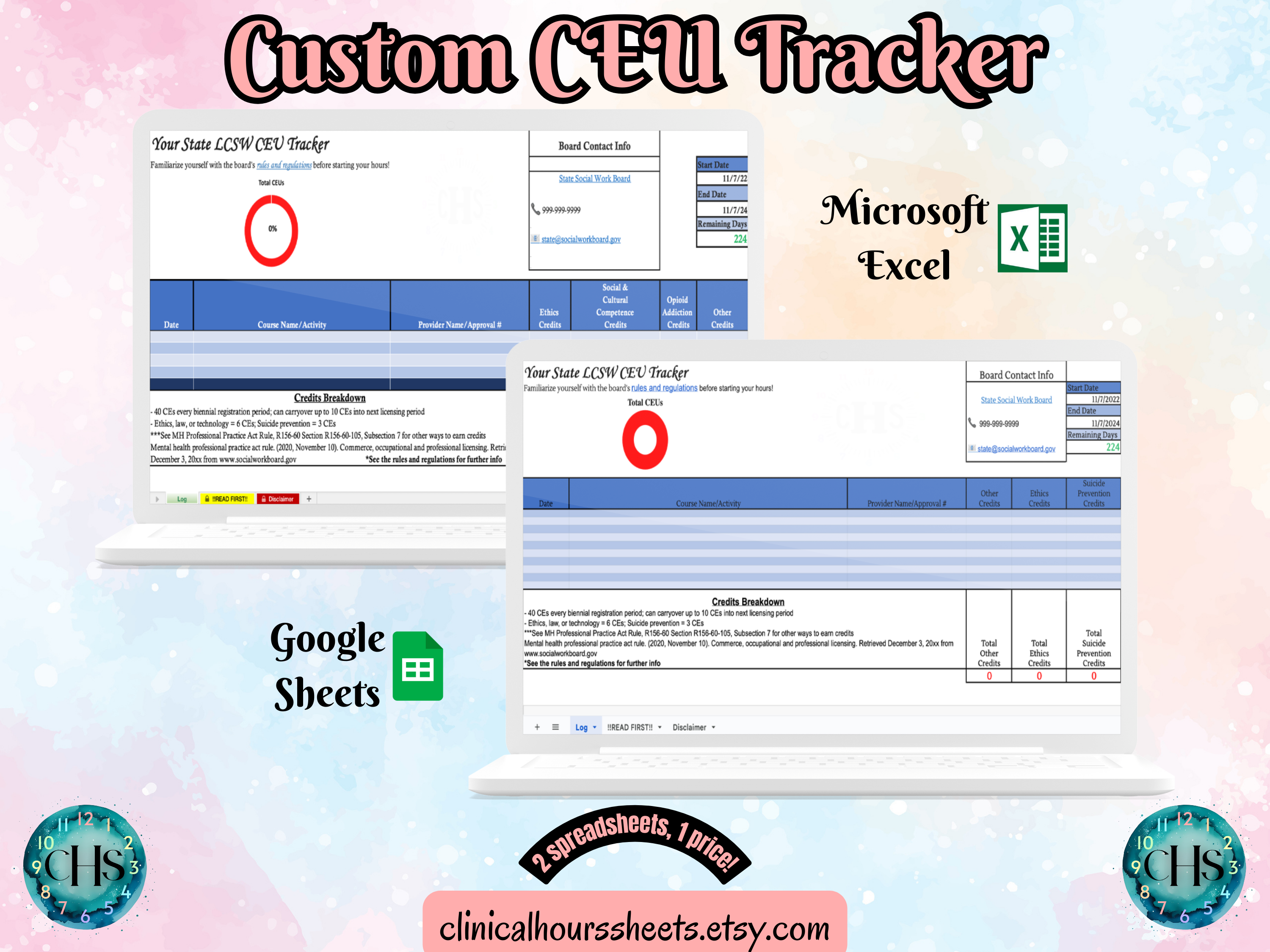 The image is a promotional graphic for a Custom CEU Tracker, which is a software program used to track the hours worked by healthcare professionals. The graphic features a laptop displaying the Custom CEU Tracker, along with a Microsoft Excel and a Google Sheets spreadsheet. The text on the image includes the words &quot;Custom CEU Tracker&quot;, &quot;CEU Tracker&quot;, &quot;Microsoft Excel&quot; and &quot;Google Sheets&quot; to describe the software and its purpose.