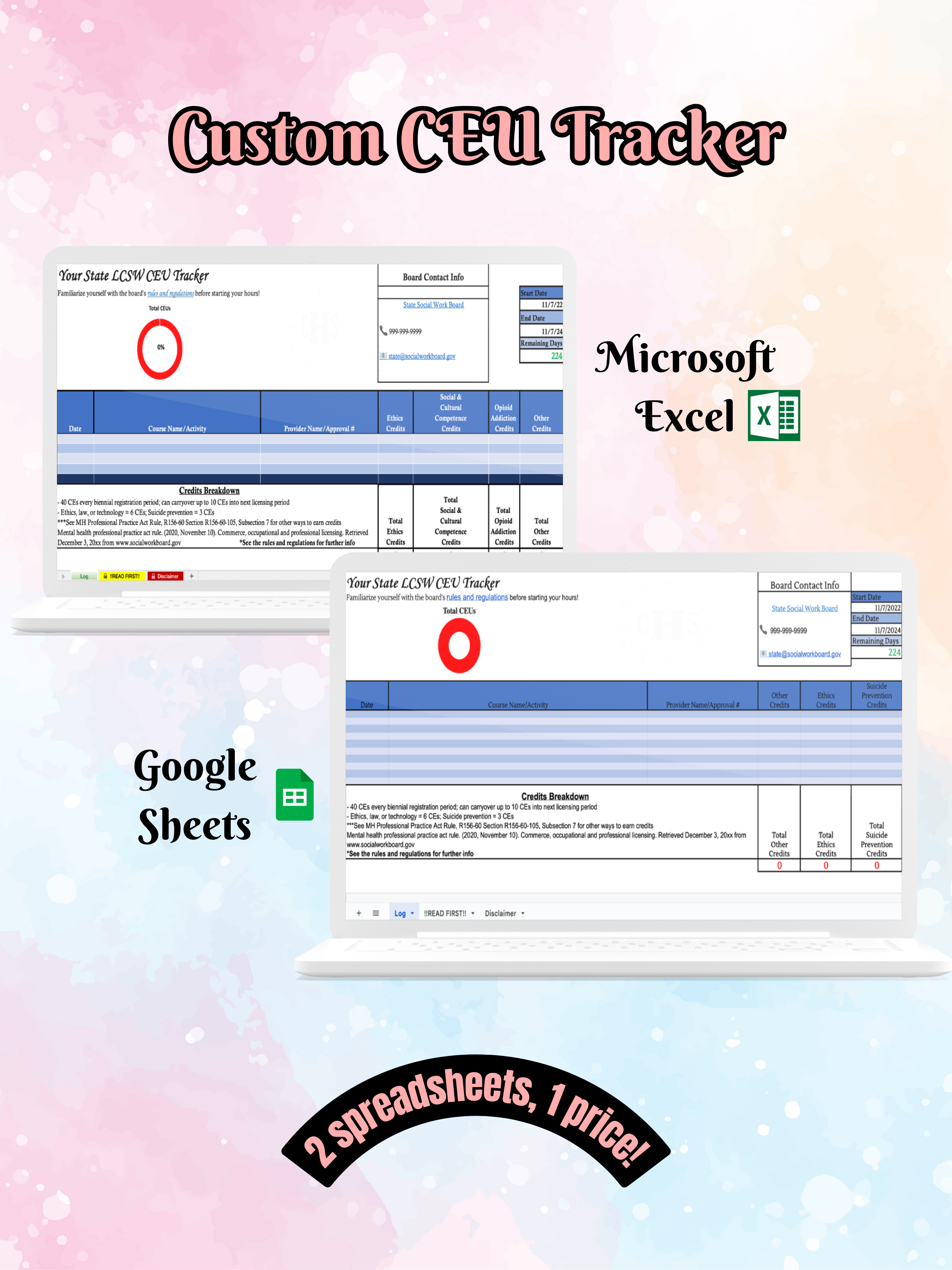 Custom CEU Tracker for Microsoft Excel and Google Sheets on a gradient background with text overlay.