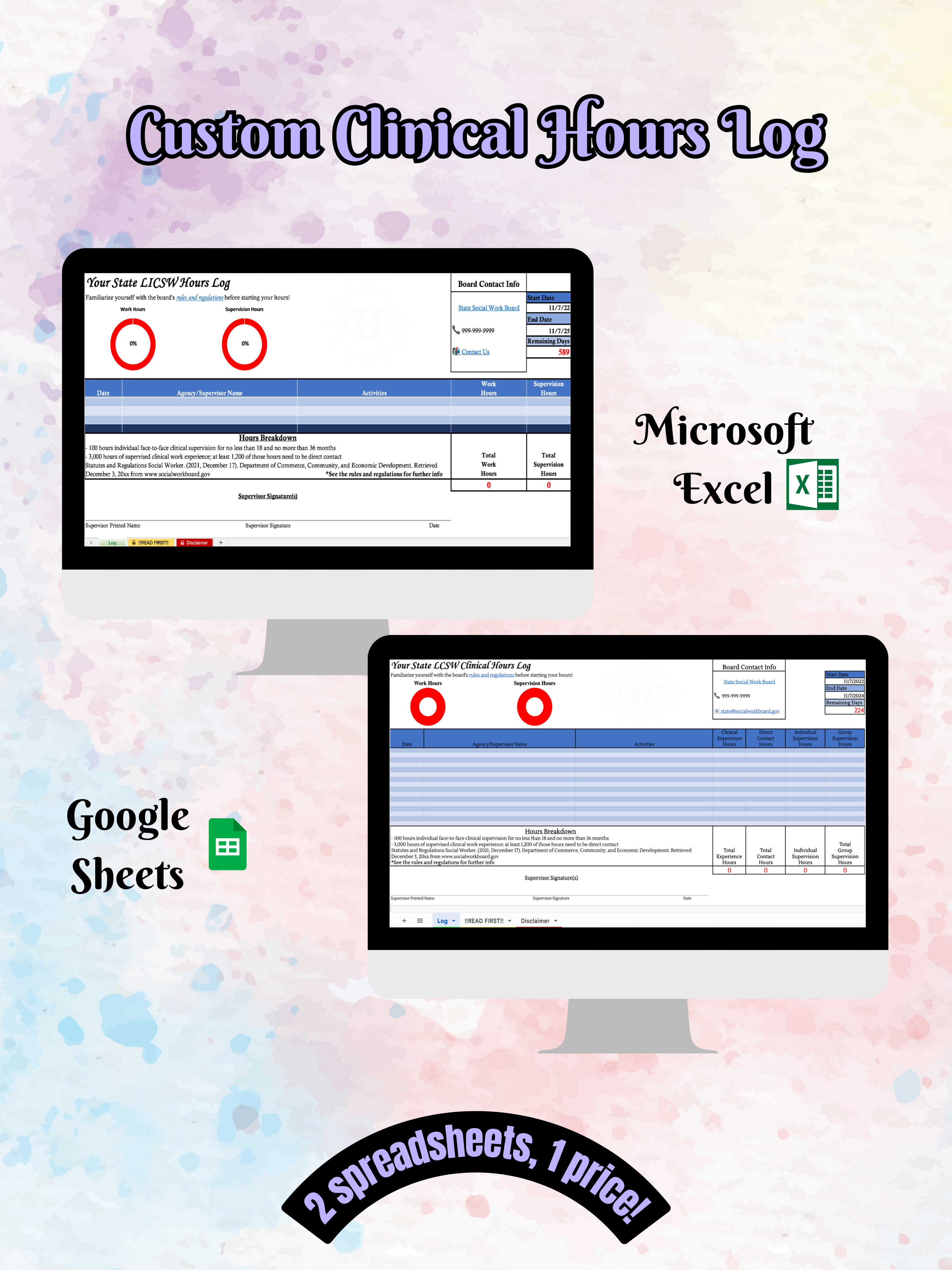 Promotional graphic for a custom clinical hours log using Microsoft Excel and Google Sheets on a colorful background.