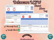 The image is a promotional graphic for a Delaware LCSW Clinical Hours Log, which is a software program used to track the hours worked by healthcare professionals. The graphic features a laptop displaying the Delaware LCSW Hours Log, along with a Microsoft Excel and a Google Sheets spreadsheet. The text on the image includes the words "Delaware LCSW", "Clinical Hours Log", "Microsoft Excel" and "Google Sheets" to describe the software and its purpose.