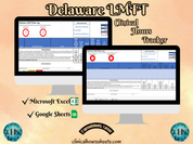 The image is a promotional graphic for a Delaware LMFT Clinical Hours Tracker, which is a software program used to track the hours worked by healthcare professionals. The graphic features a laptop displaying the Delaware LMFT Hours Log, along with a Microsoft Excel and a Google Sheets spreadsheet. The text on the image includes the words "Delaware LMFT", "Clinical Hours Tracker", "Microsoft Excel" and "Google Sheets" to describe the software and its purpose.