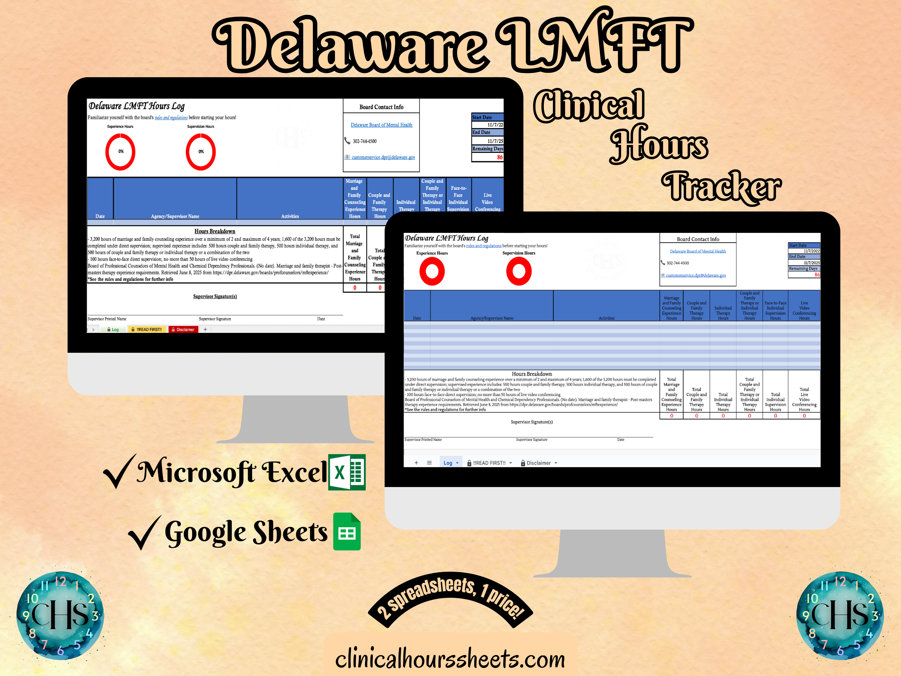 The image is a promotional graphic for a Delaware LMFT Clinical Hours Tracker, which is a software program used to track the hours worked by healthcare professionals. The graphic features a laptop displaying the Delaware LMFT Hours Log, along with a Microsoft Excel and a Google Sheets spreadsheet. The text on the image includes the words "Delaware LMFT", "Clinical Hours Tracker", "Microsoft Excel" and "Google Sheets" to describe the software and its purpose.