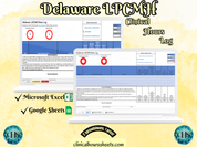 The image is a promotional graphic for a Delaware LPCMH Clinical Hours Log, which is a software program used to track the hours worked by healthcare professionals. The graphic features a laptop displaying the Delaware LPCMH Hours Log, along with a Microsoft Excel and a Google Sheets spreadsheet. The text on the image includes the words "Delaware LPCMH", "Clinical Hours Log", "Microsoft Excel" and "Google Sheets" to describe the software and its purpose.