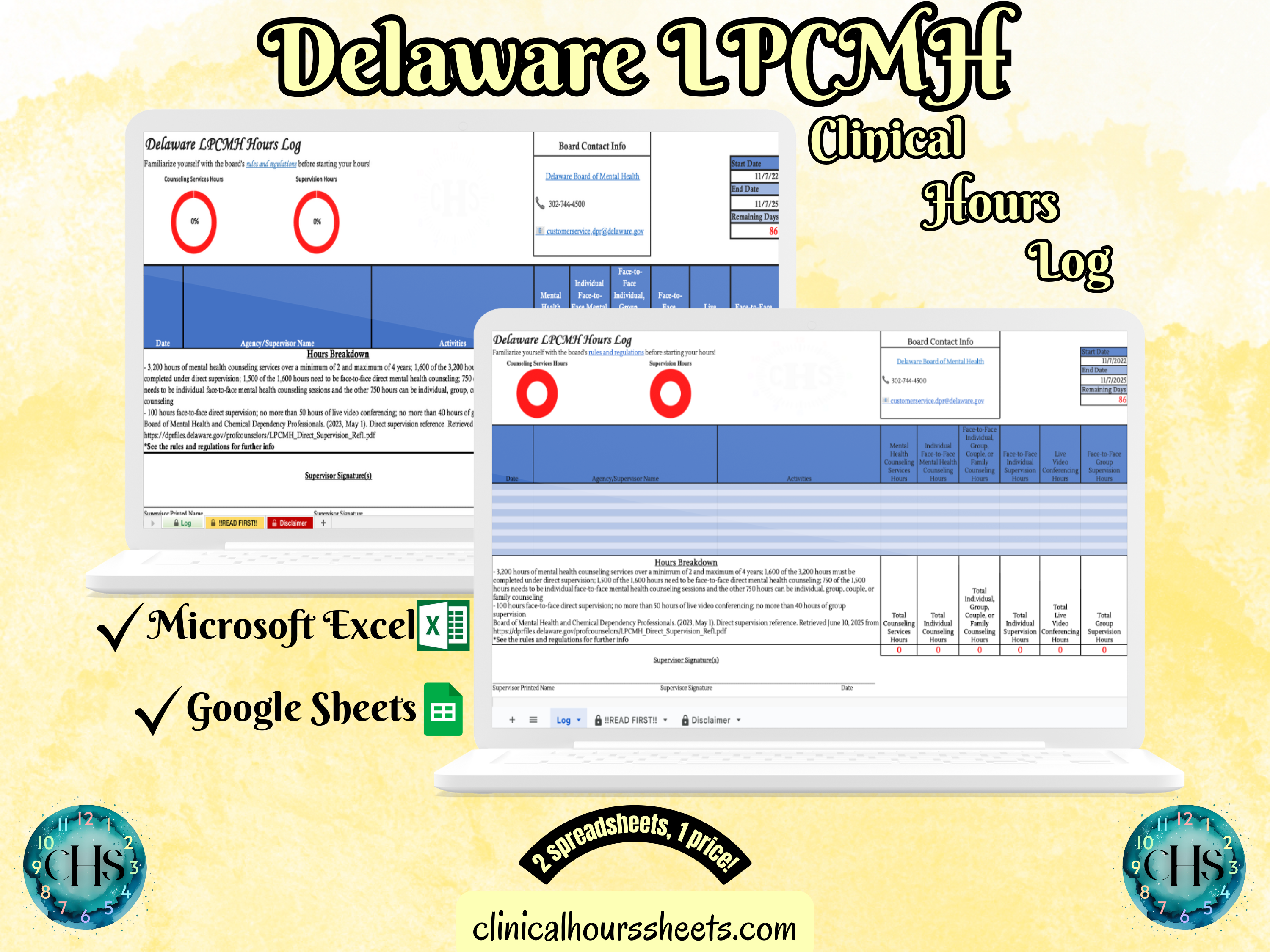 The image is a promotional graphic for a Delaware LPCMH Clinical Hours Log, which is a software program used to track the hours worked by healthcare professionals. The graphic features a laptop displaying the Delaware LPCMH Hours Log, along with a Microsoft Excel and a Google Sheets spreadsheet. The text on the image includes the words "Delaware LPCMH", "Clinical Hours Log", "Microsoft Excel" and "Google Sheets" to describe the software and its purpose.