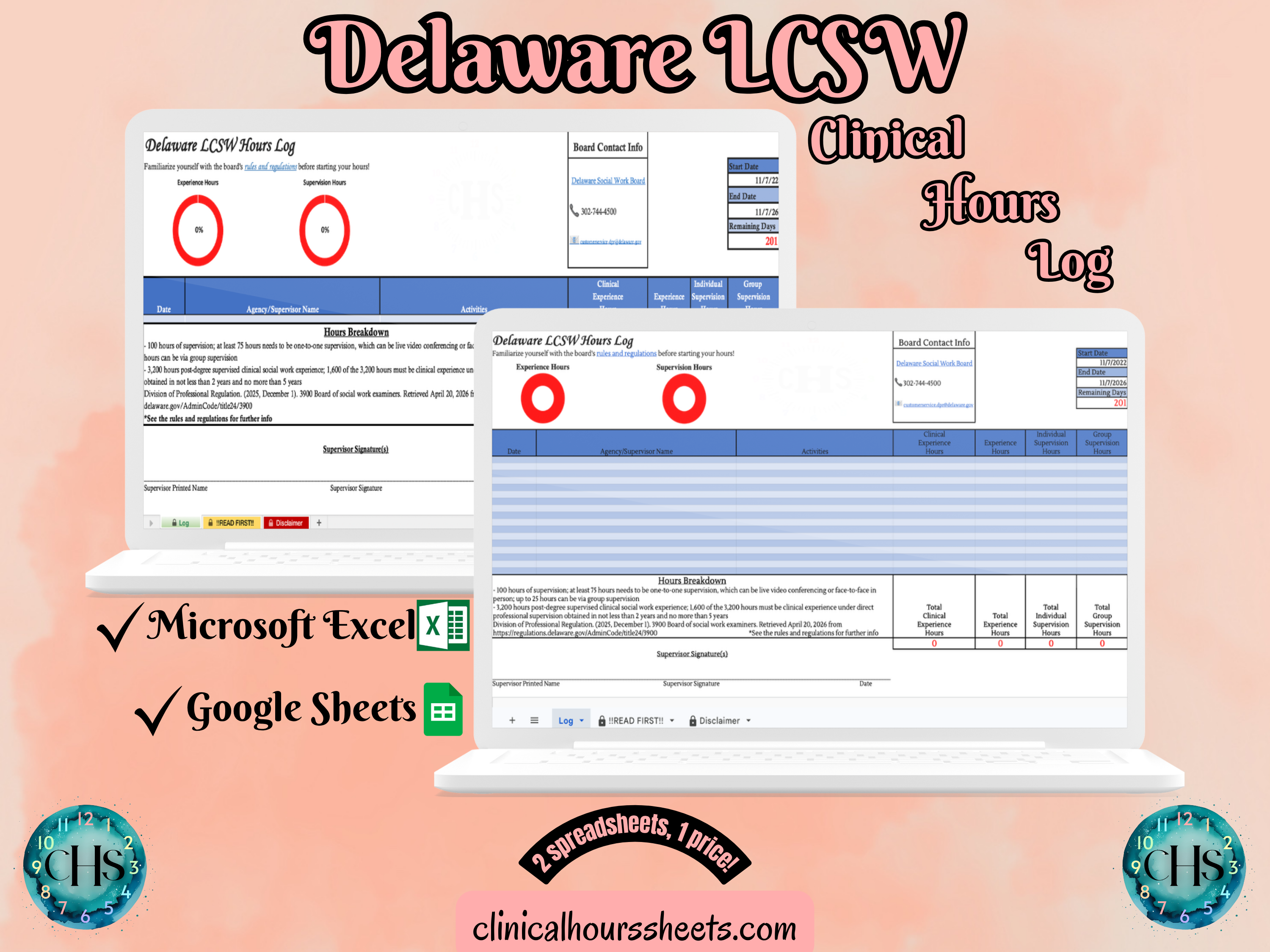 Delaware, LCSW Hours Tracker, Clinical Supervision Form for Master Social Worker - MSW Student or MSW Graduation Gift