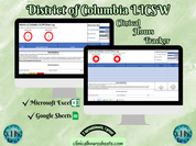 The image is a promotional graphic for a District of Columbia LICSW Clinical Hours Tracker, which is a software program used to track the hours worked by healthcare professionals. The graphic features a laptop displaying the District of Columbia LICSW Hours Log, along with a Microsoft Excel and a Google Sheets spreadsheet. The text on the image includes the words "District of Columbia LICSW", "Clinical Hours Tracker", "Microsoft Excel" and "Google Sheets" to describe the software and its purpose.