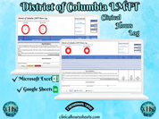 The image is a promotional graphic for a District of Columbia LMFT Clinical Hours Log, which is a software program used to track the hours worked by healthcare professionals. The graphic features a laptop displaying the District of Columbia LMFT Hours Log, along with a Microsoft Excel and a Google Sheets spreadsheet. The text on the image includes the words "District of Columbia LMFT", "Clinical Hours Log", "Microsoft Excel" and "Google Sheets" to describe the software and its purpose.