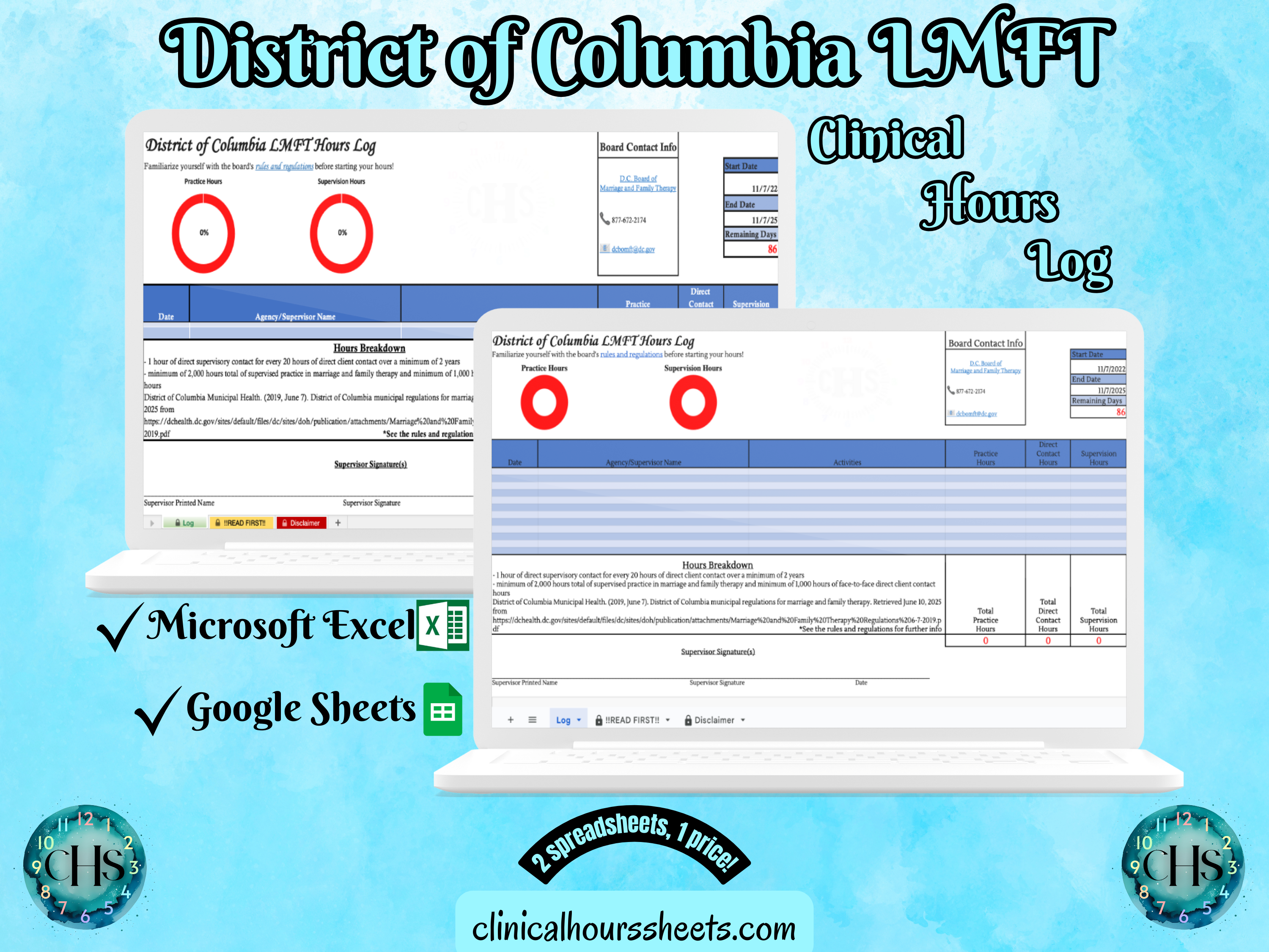 The image is a promotional graphic for a District of Columbia LMFT Clinical Hours Log, which is a software program used to track the hours worked by healthcare professionals. The graphic features a laptop displaying the District of Columbia LMFT Hours Log, along with a Microsoft Excel and a Google Sheets spreadsheet. The text on the image includes the words "District of Columbia LMFT", "Clinical Hours Log", "Microsoft Excel" and "Google Sheets" to describe the software and its purpose.