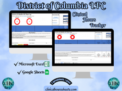 The image is a promotional graphic for a District of Columbia Clinical Hours Tracker, which is a software program used to track the hours worked by healthcare professionals. The graphic features a laptop displaying the District of Columbia LPC Hours Log, along with a Microsoft Excel and a Google Sheets spreadsheet. The text on the image includes the words "District of Columbia LPC", "Clinical Hours Tracker", "Microsoft Excel" and "Google Sheets" to describe the software and its purpose.