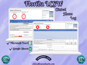 The image is a promotional graphic for a Florida LCSW Clinical Hours Log, which is a software program used to track the hours worked by healthcare professionals. The graphic features a laptop displaying the Florida LCSW Hours Log, along with a Microsoft Excel and a Google Sheets spreadsheet. The text on the image includes the words "Florida LCSW", "Clinical Hours Log", "Microsoft Excel" and "Google Sheets" to describe the software and its purpose.
