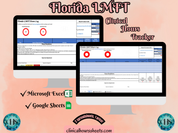 The image is a promotional graphic for a Florida LMFT Clinical Hours Tracker, which is a software program used to track the hours worked by healthcare professionals. The graphic features a laptop displaying the Florida LMFT Hours Log, along with a Microsoft Excel and a Google Sheets spreadsheet. The text on the image includes the words "Florida LMFT", "Clinical Hours Tracker", "Microsoft Excel" and "Google Sheets" to describe the software and its purpose.