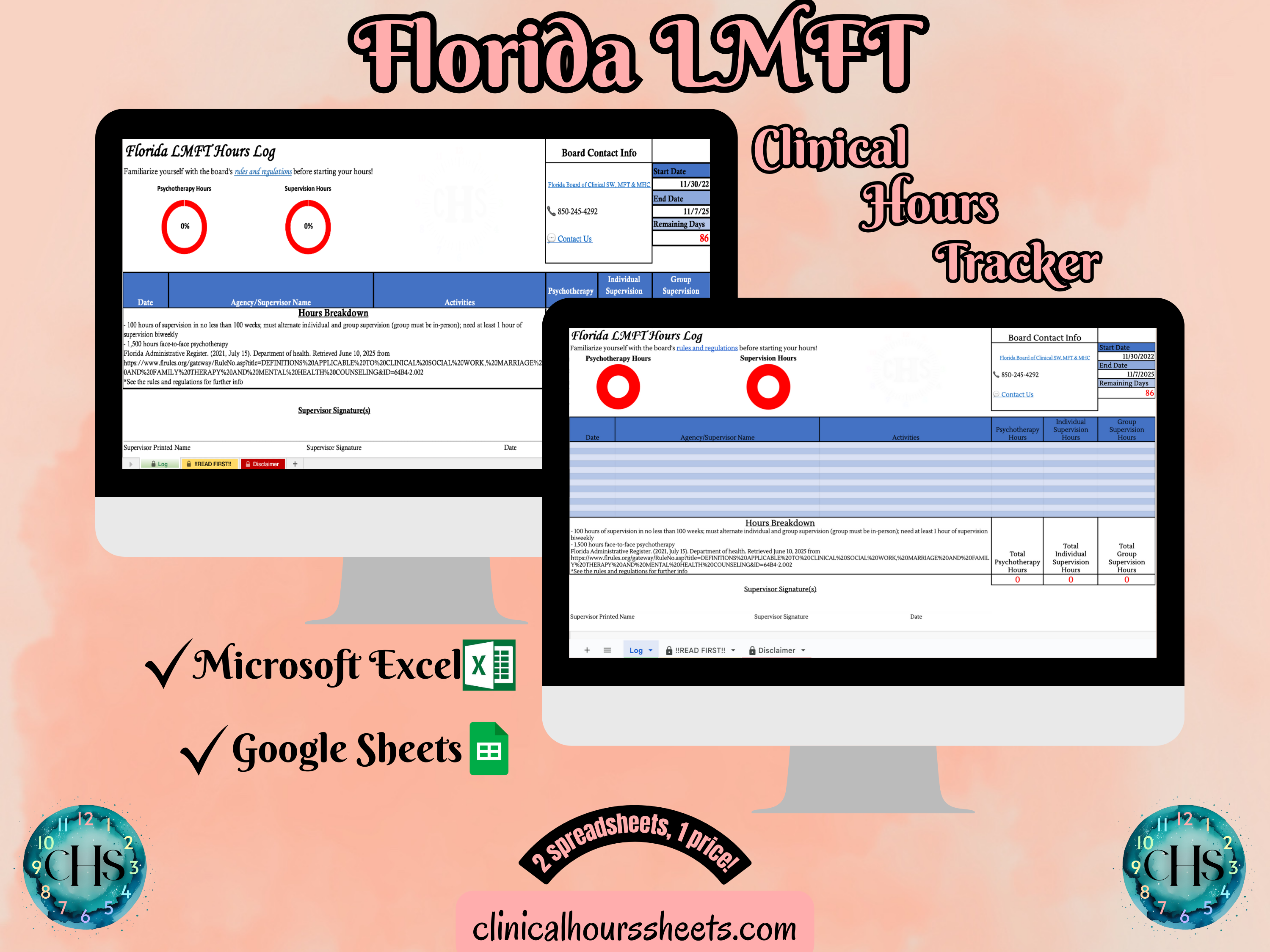 The image is a promotional graphic for a Florida LMFT Clinical Hours Tracker, which is a software program used to track the hours worked by healthcare professionals. The graphic features a laptop displaying the Florida LMFT Hours Log, along with a Microsoft Excel and a Google Sheets spreadsheet. The text on the image includes the words "Florida LMFT", "Clinical Hours Tracker", "Microsoft Excel" and "Google Sheets" to describe the software and its purpose.