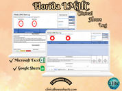 The image is a promotional graphic for a Florida LMHC Clinical Hours Log, which is a software program used to track the hours worked by healthcare professionals. The graphic features a laptop displaying the Florida LMHC Hours Log, along with a Microsoft Excel and a Google Sheets spreadsheet. The text on the image includes the words "Florida LMHC", "Clinical Hours Log", "Microsoft Excel" and "Google Sheets" to describe the software and its purpose.