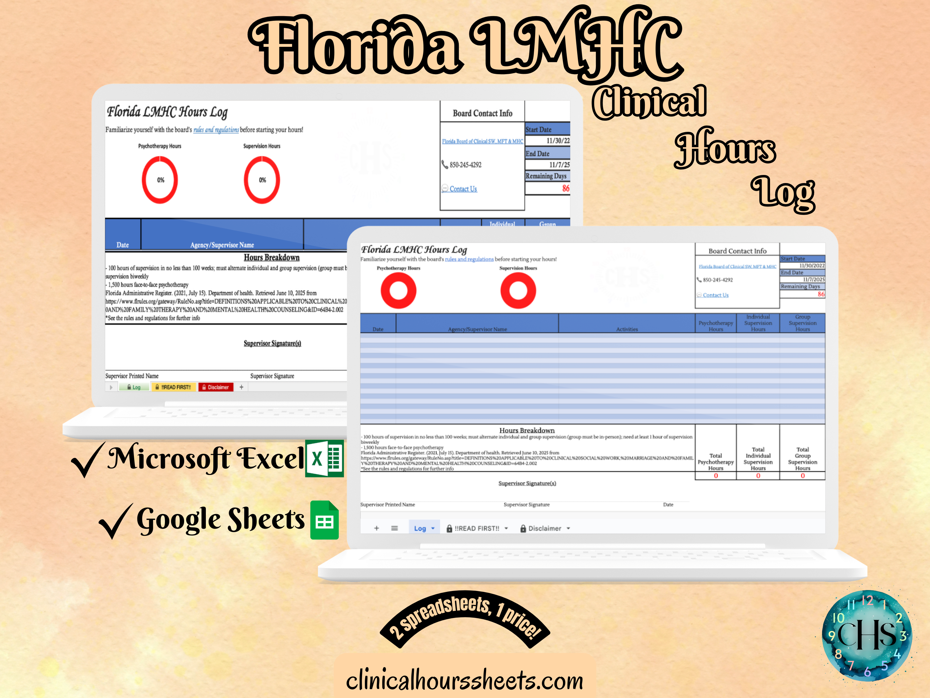 The image is a promotional graphic for a Florida LMHC Clinical Hours Log, which is a software program used to track the hours worked by healthcare professionals. The graphic features a laptop displaying the Florida LMHC Hours Log, along with a Microsoft Excel and a Google Sheets spreadsheet. The text on the image includes the words "Florida LMHC", "Clinical Hours Log", "Microsoft Excel" and "Google Sheets" to describe the software and its purpose.