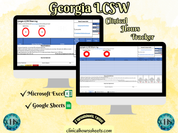 The image is a promotional graphic for a Georgia LCSW Clinical Hours Tracker, which is a software program used to track the hours worked by healthcare professionals. The graphic features a laptop displaying the Georgia LCSW Hours Log, along with a Microsoft Excel and a Google Sheets spreadsheet. The text on the image includes the words "Georgia LCSW", "Clinical Hours Tracker", "Microsoft Excel" and "Google Sheets" to describe the software and its purpose.